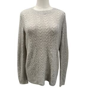 Talbots Metallic Sequin Knit Sweater Beige Chevron Textured Women Medium Holiday